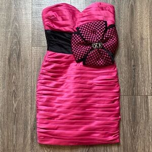 Terani Couture hot pink black rhinestone big bow mini dress, sz 0